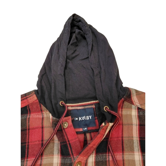 Red and Black Flannel Plaid Casual Button Down Shirt with Hood - Picture 3 of 11